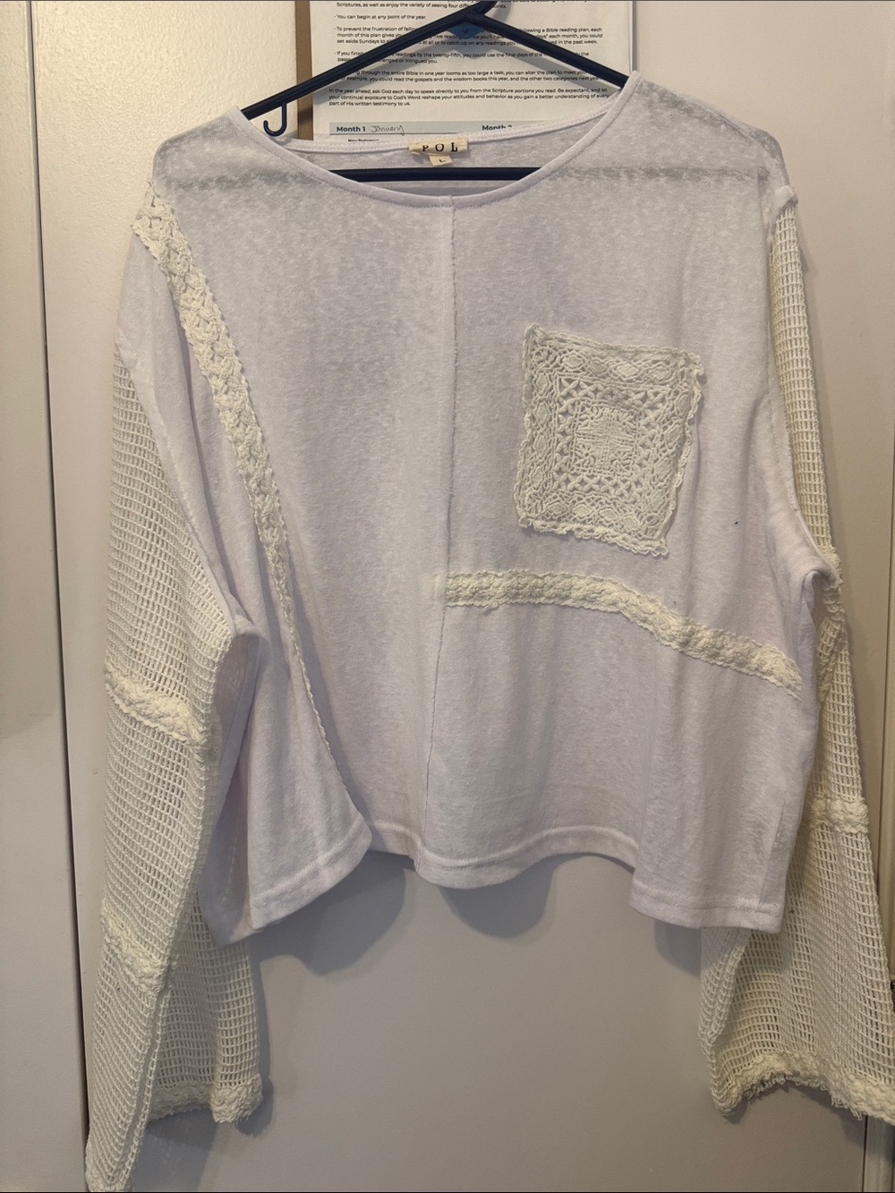 POL White Long-Sleeve Tee with Crochet Pocket & Mesh Sleeves